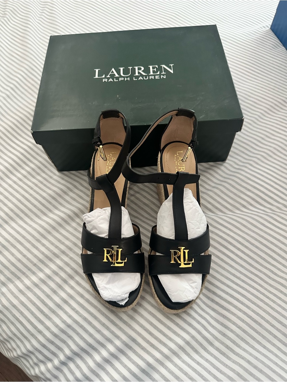 Ralph Lauren Black T-Strap Wedge Sandals with Gold RL Logo